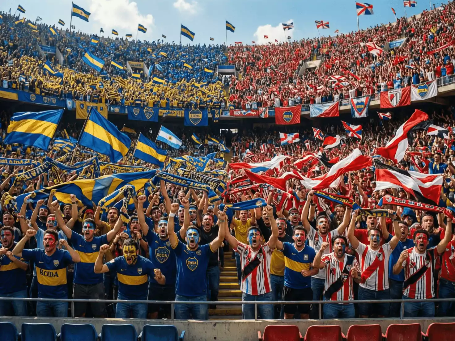 Ambiente de un Superclásico entre Boca y River con las hinchadas