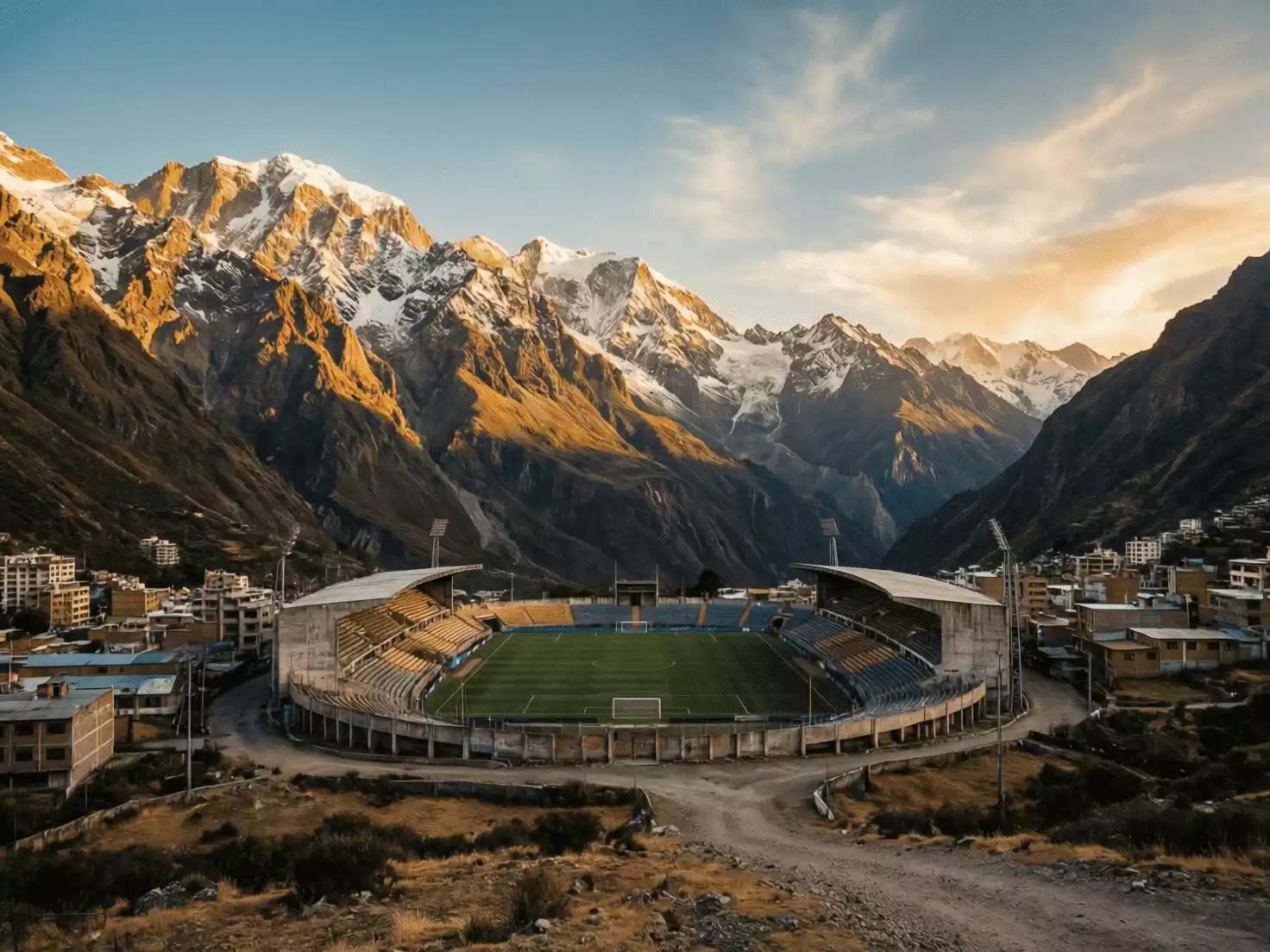 Vista panorámica de un estadio de fútbol rodeado de montañas andinas